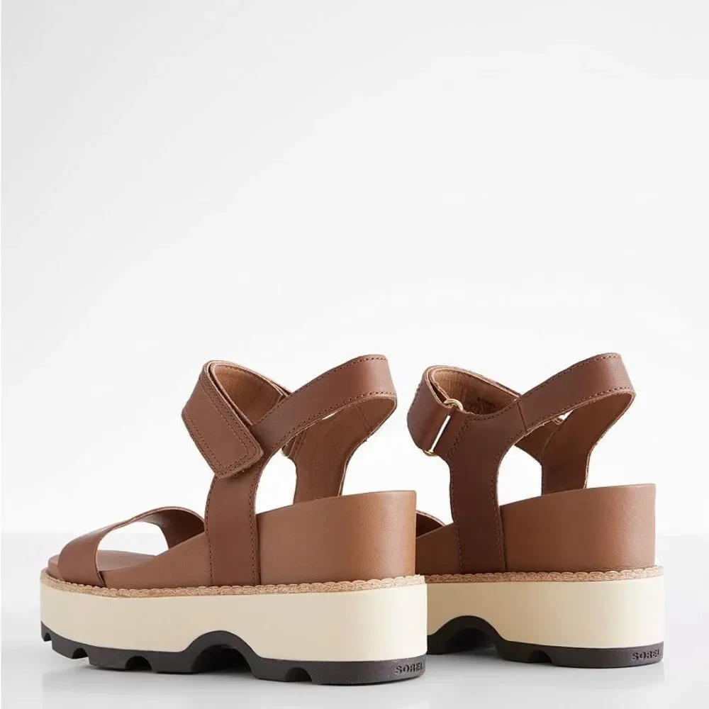 Sorel Joanie IV Y strap wedge leather sandals velvet tan blackened brown size 9